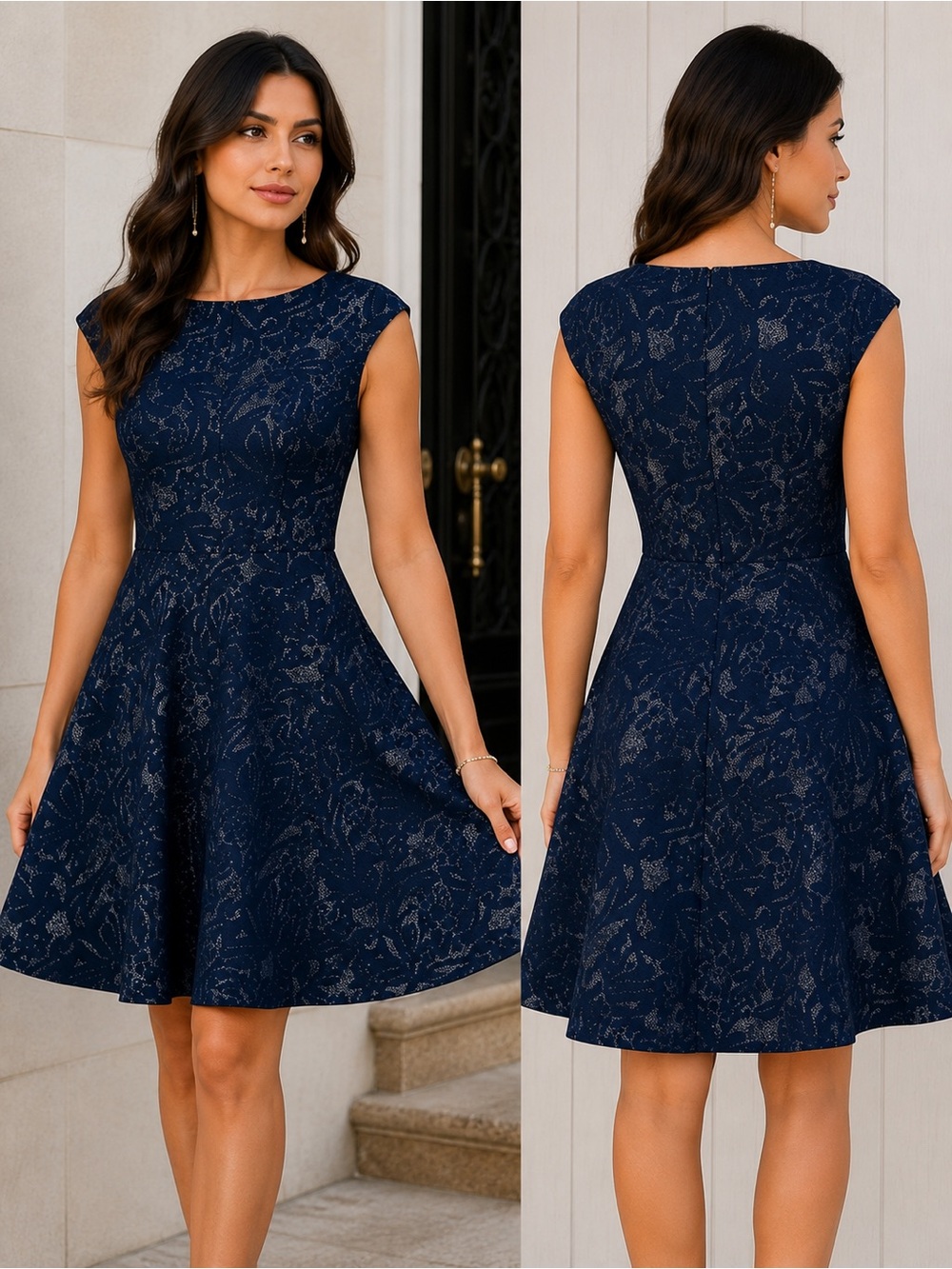 Maggy London Navy Lace-Effect Cap-Sleeve Fit & Flare Size US-0 NWT